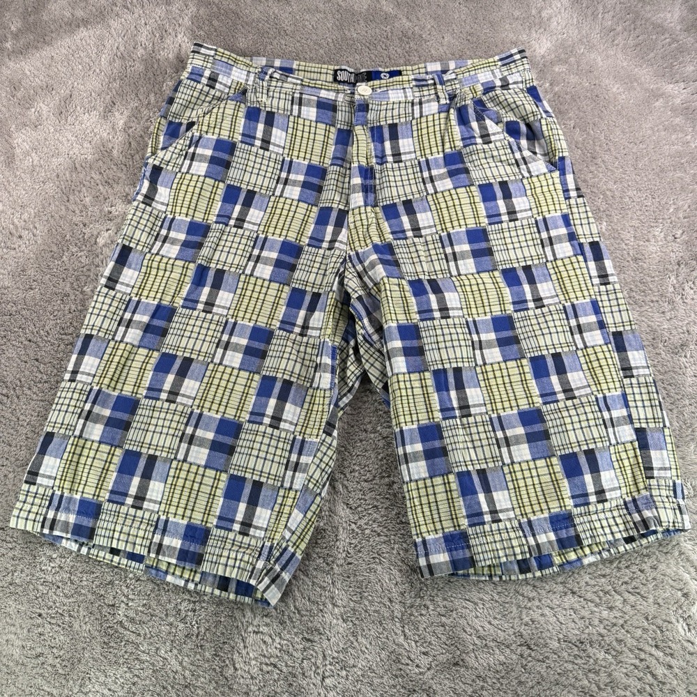 Southpole Mens Shorts Size 38 Blue Yellow Plaid Patchwork Baggy Hip Hop Y2K 14”